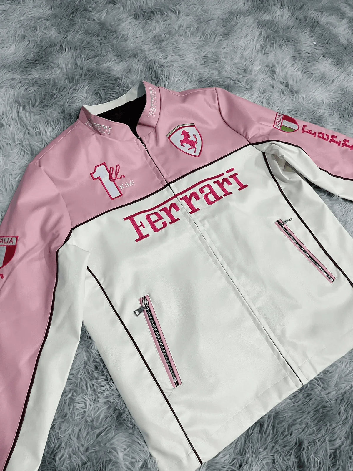 Dripmozo Pink & White Ferrari Inspired Racing Jacket | Luxury Leather Streetwear.