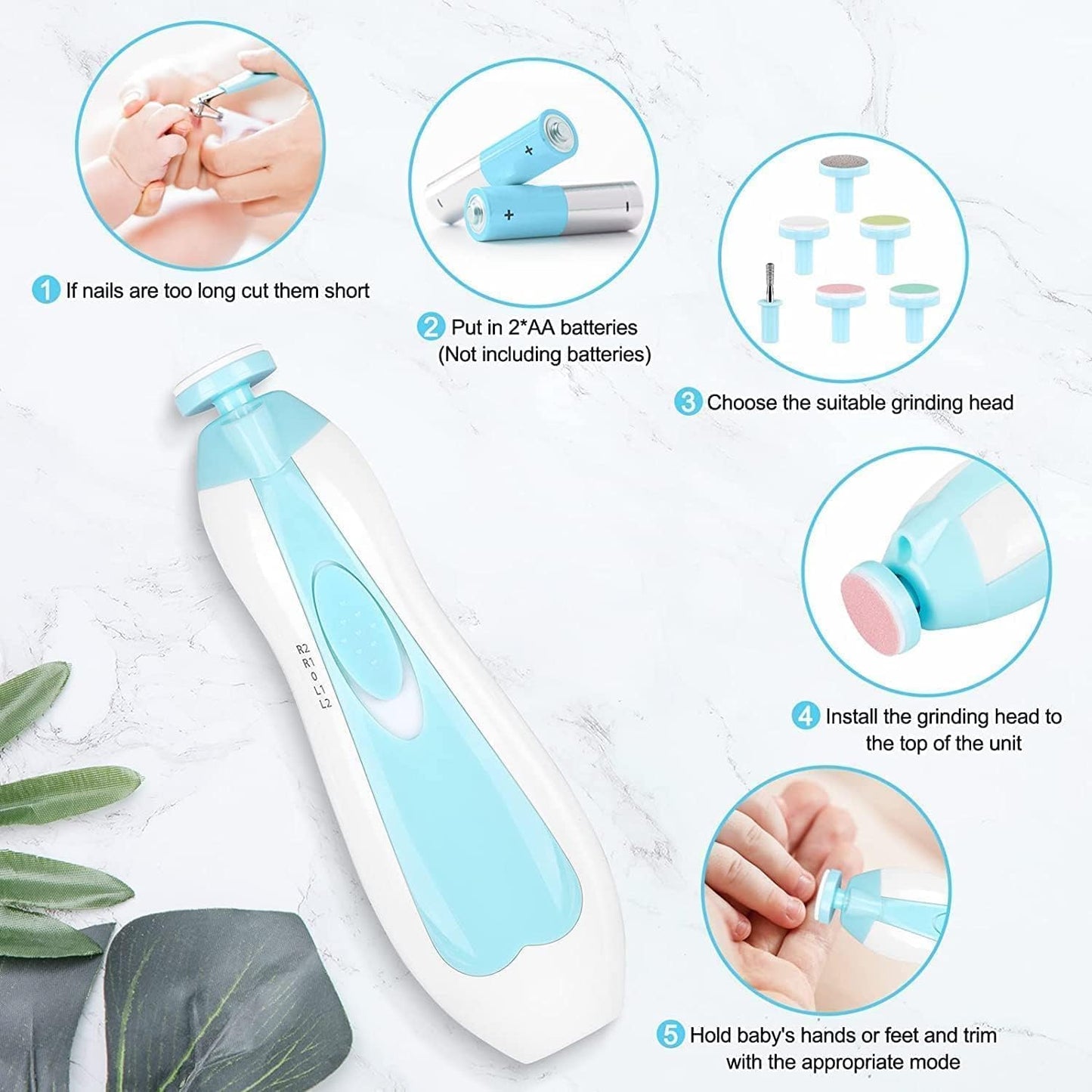 Baby Electric nail trimmer with 6 attachment and LED Light - Blue