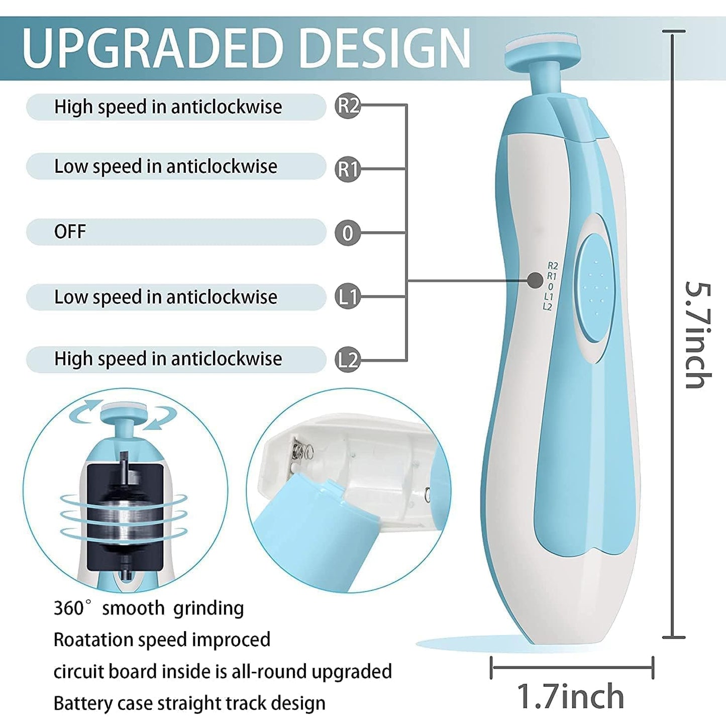 Baby Electric nail trimmer with 6 attachment and LED Light - Blue