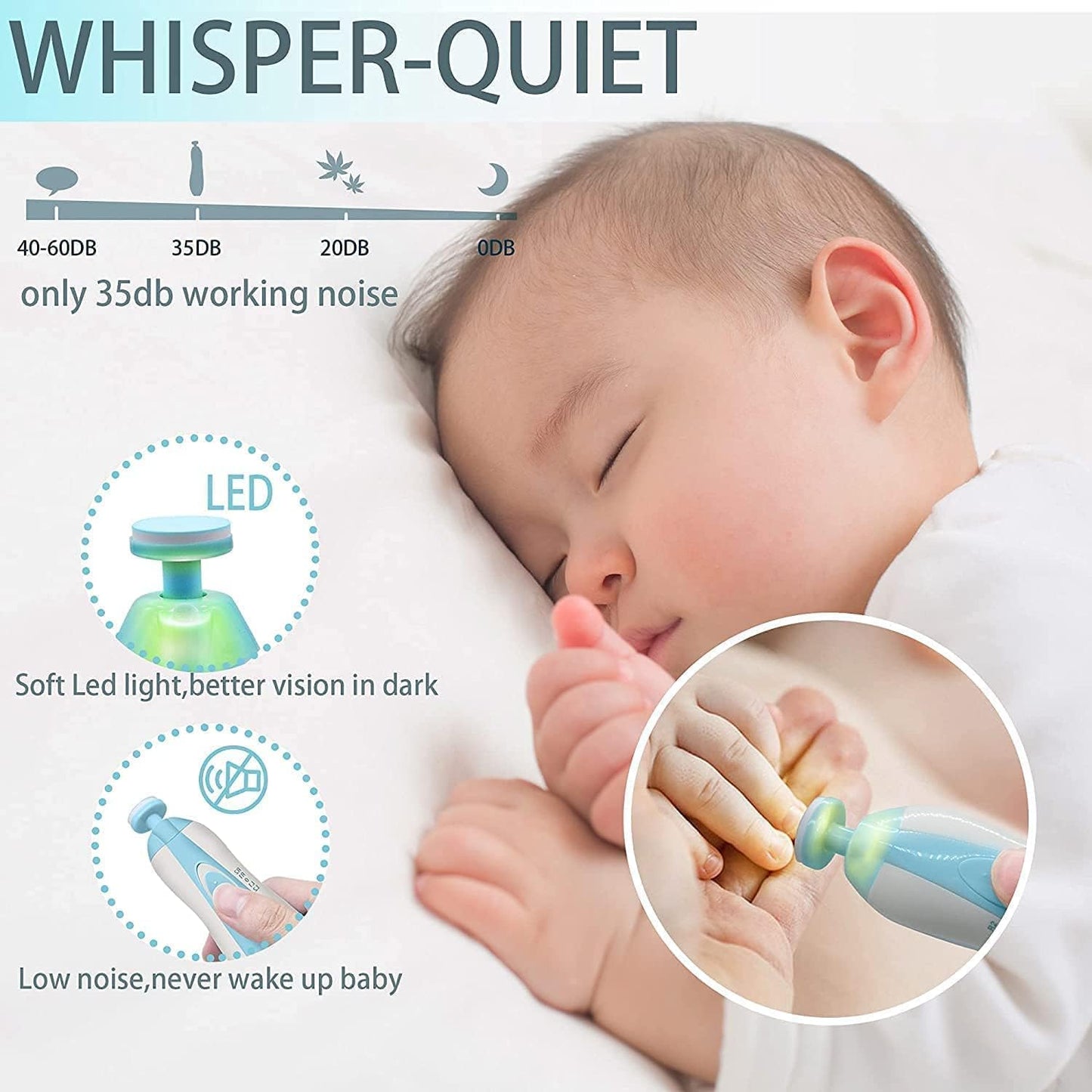 Baby Electric nail trimmer with 6 attachment and LED Light - Blue
