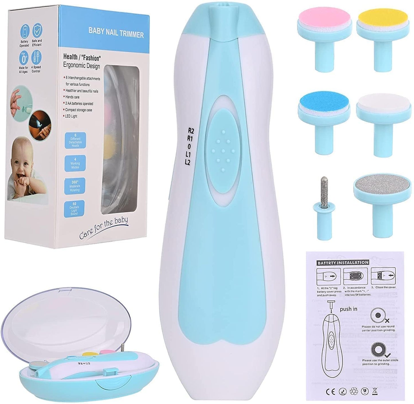 Baby Electric nail trimmer with 6 attachment and LED Light - Blue