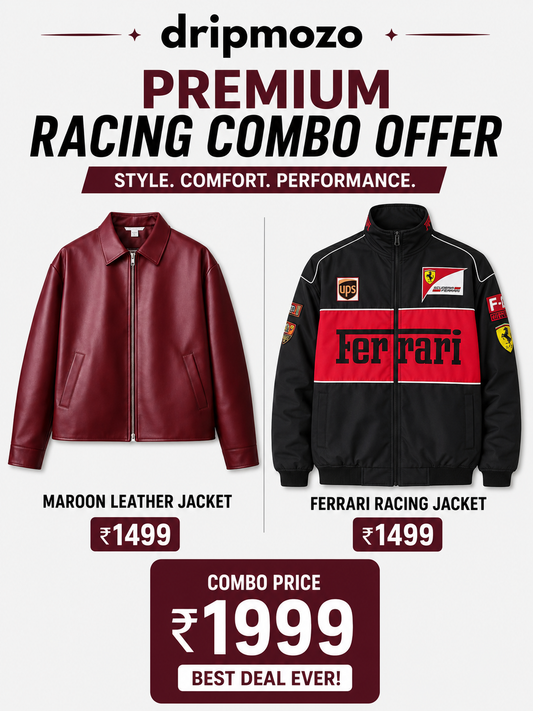 Premium Racing Combo – Ferrari Racing Jacket + Maroon Leather Jacket | Combo Offer.
